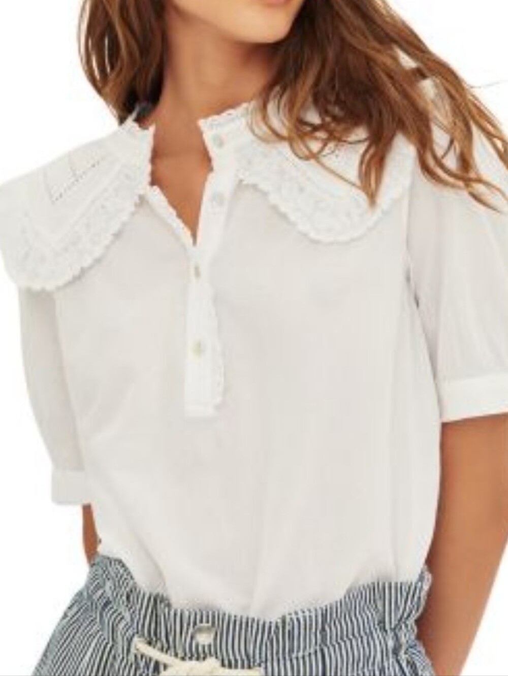 Ba&Sh Iseut Peter Pan White Eyelet Collar Button Polo Blouse Feminine Prairie M